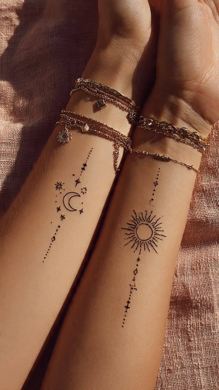Minimalist Celestial Sun & Moon Wrist Tattoos